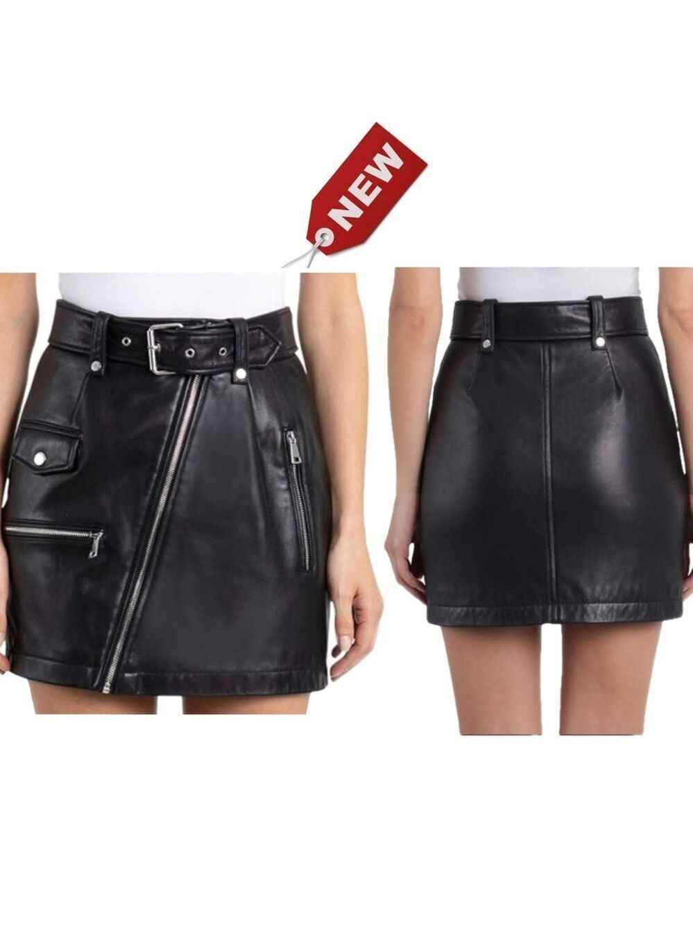 7 For All Mankind black faux leather pleather moto mini skirt zipper detail Sz L